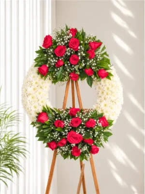 Corona Fúnebre Lazos de Amor circular de crisantemos blancos con rosas rojas y fucsia arriba y abajo, sobre atril de madera.