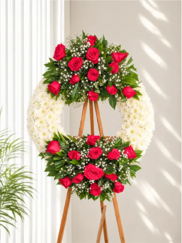 Corona Fúnebre Lazos de Amor circular de crisantemos blancos con rosas rojas y fucsia arriba y abajo, sobre atril de madera.