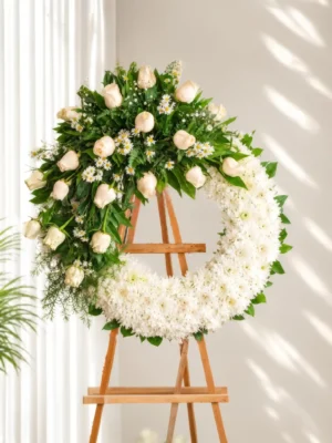 Corona Fúnebre Luz Eterna circular de crisantemos blancos con rosas crema y margaritas arriba, sobre atril de madera.