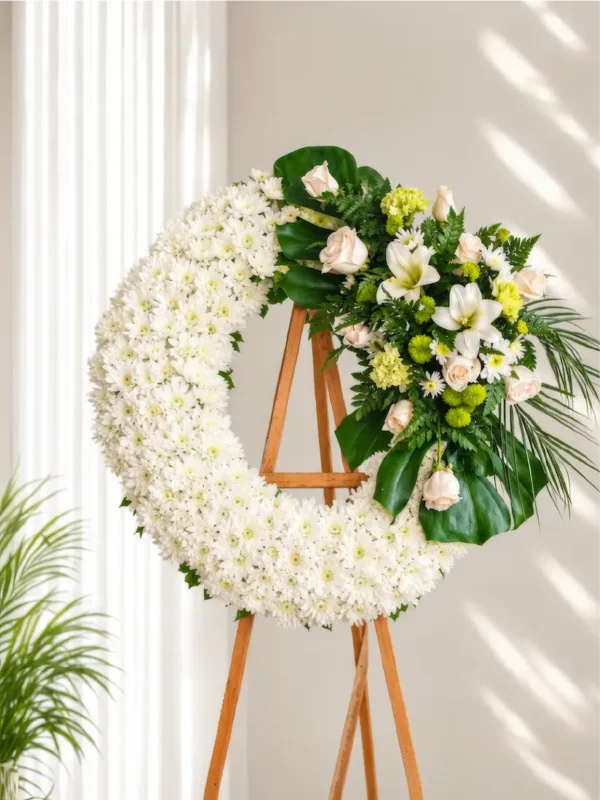 Corona Fúnebre Ágata circular de crisantemos blancos con rosas crema, lirios blancos y follaje verde, sobre atril de madera.