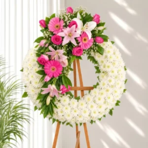 Corona Fúnebre Alma Preciosa Corona Fúnebre Alma Preciosa circular de crisantemos blancos con rosas y gerberas fucsia, lirios rosados, sobre atril de madera.