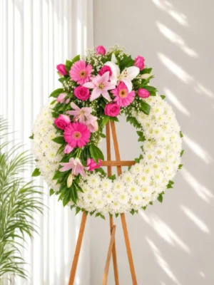 Corona Fúnebre Alma Preciosa circular de crisantemos blancos con rosas y gerberas fucsia, lirios rosados, sobre atril de madera.