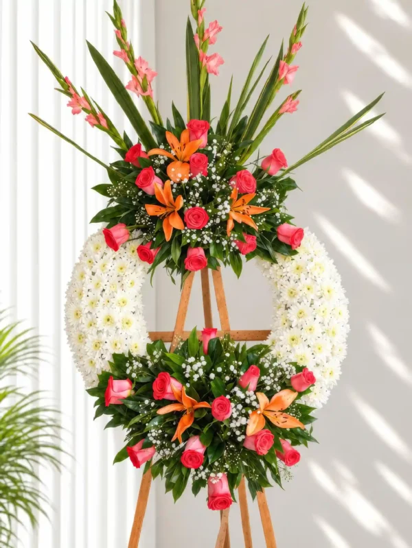 Corona Fúnebre Amor circular de crisantemos blancos con rosas rojas, lirios naranjas y gladiolos rosados, sobre atril de madera.