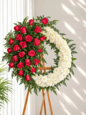 Corona Fúnebre Aurora circular, mitad rosas rojas y mitad crisantemos blancos con follaje, sobre atril de madera.