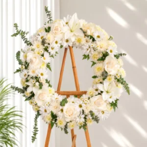 Corona Fúnebre Celeste circular de crisantemos y margaritas blancas con rosas crema, un lirio y eucalipto, sobre atril de madera.