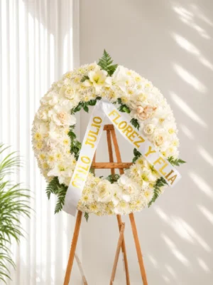 Corona Fúnebre Cristal circular de rosas, claveles y lirios blancos, con cinta de condolencia, sobre atril de madera.