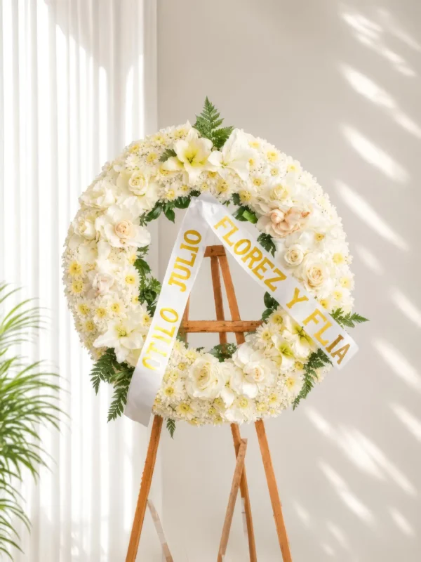 Corona Fúnebre Cristal circular de rosas, claveles y lirios blancos, con cinta de condolencia, sobre atril de madera.