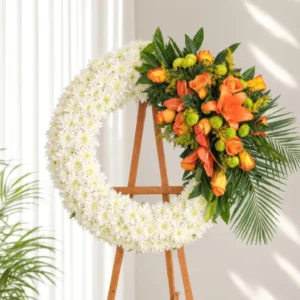 Corona Fúnebre Descansa en Paz de crisantemos blancos en media luna, con rosas y lirios naranjas, sobre atril de madera.
