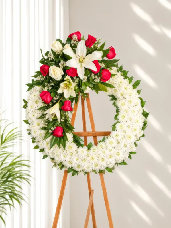 Corona Fúnebre Doncella de crisantemos blancos con ramillete de lirios blancos, rosas rojas y blancas, sobre atril de madera.