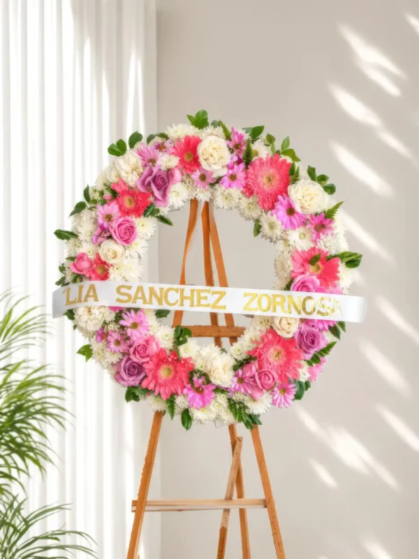 Corona Fúnebre Elegía de Colores, con crisantemos blancos, gerberas coral y rosadas, y rosas lila y fucsia, sobre atril de madera.