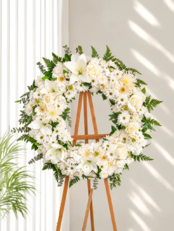 Corona Fúnebre Esmeralda de crisantemos, lirios y rosas blancas con gerberas araña y follaje verde, sobre atril de madera.