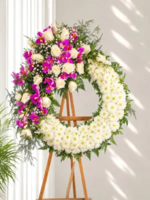 Corona Fúnebre Hechizo de Paz de crisantemos blancos con cascada de rosas blancas y orquídeas fucsia, sobre atril de madera.
