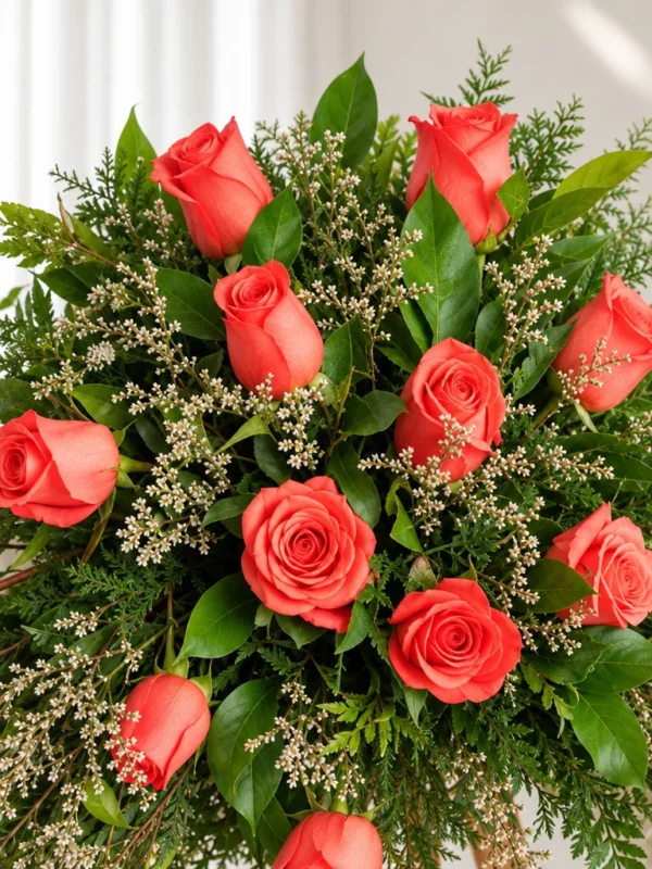 Detalle de las rosas coral con caspia y follaje de la Corona Funebre Memoria