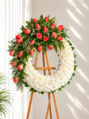Corona Fúnebre Memoria circular de crisantemos blancos con rosas color coral en la parte superior, sobre atril de madera.