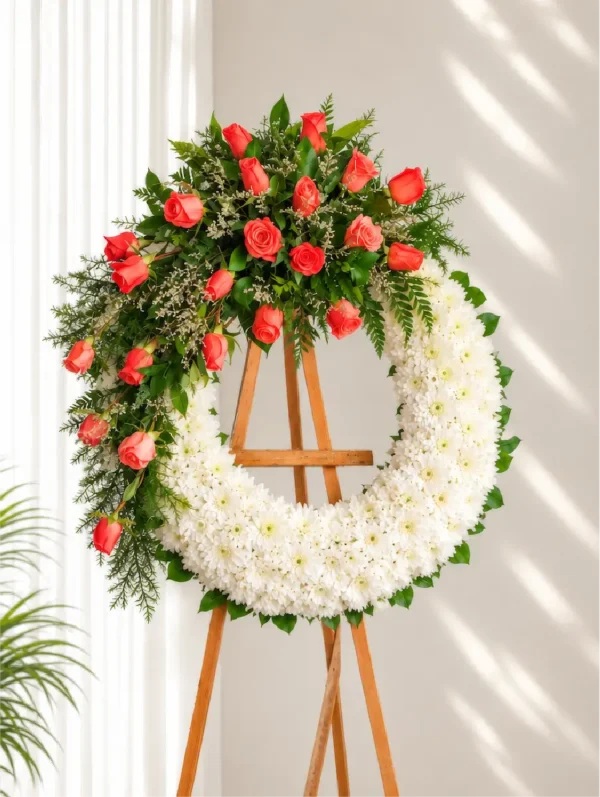 Corona Fúnebre Memoria circular de crisantemos blancos con rosas color coral en la parte superior, sobre atril de madera.