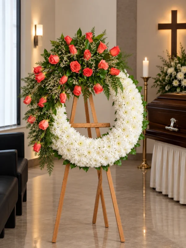 Corona Funebre Memoria sobre atril en una sala de velacion, junto al cofre y una cruz
