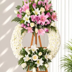 Corona Fúnebre Reencuentro Corona Fúnebre Reencuentro circular de crisantemos blancos con lirios y rosas rosadas y blancas, sobre atril de madera.