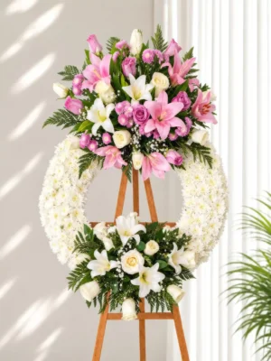 Corona Fúnebre Reencuentro circular de crisantemos blancos con lirios y rosas rosadas y blancas, sobre atril de madera.