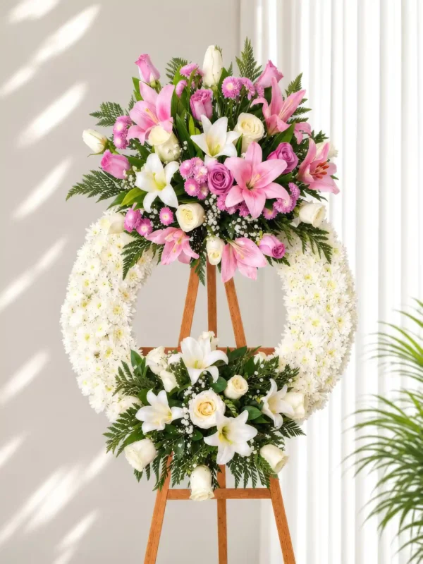 Corona Fúnebre Reencuentro circular de crisantemos blancos con lirios y rosas rosadas y blancas, sobre atril de madera.