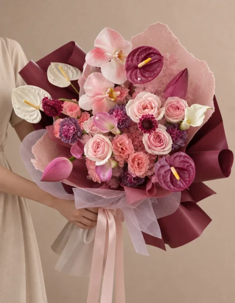Rosas rosadas y naranjas, gerberas rosadas, espuela de caballero lila y margaritas en canasta de mimbre con cinta rosada.